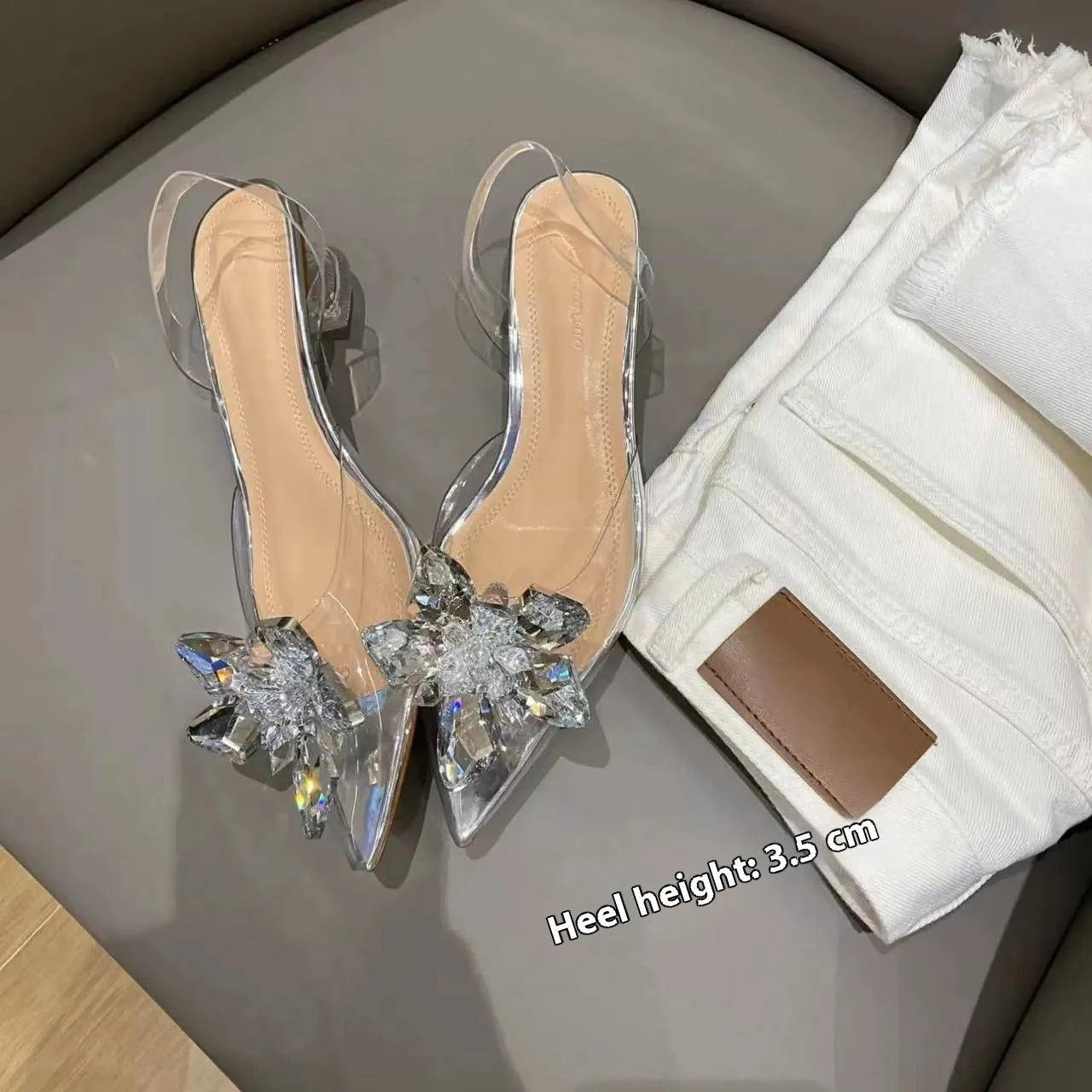 Women's transparent crystal flower high heels with pointed toe in microfiber