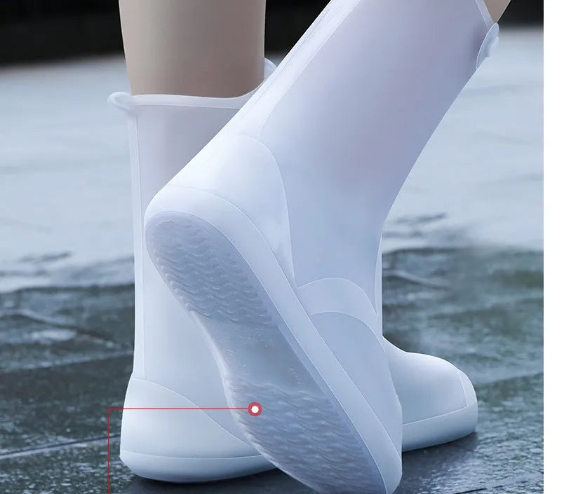 White reusable PVC high-top waterproof shoe cover for women with anti-skid sole.