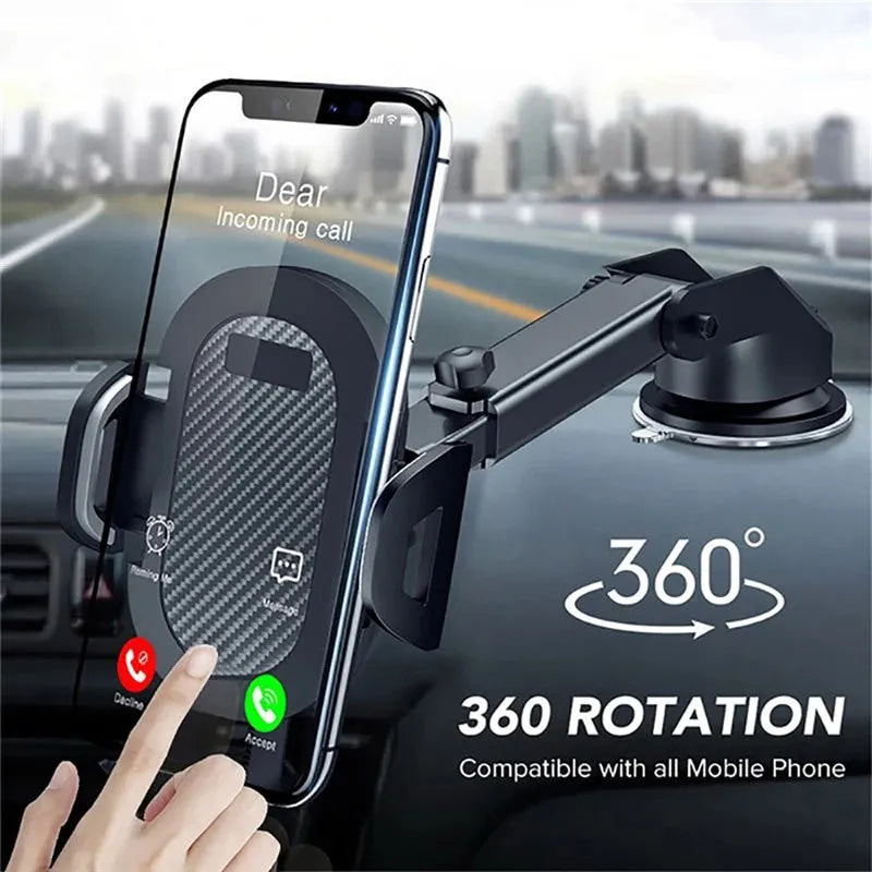 Black adjustable car phone holder for smartphones between 4 and 7 inches.