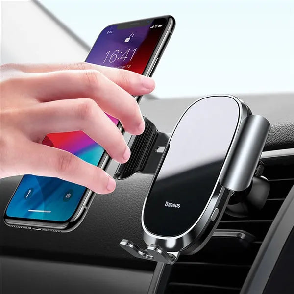 Intelligent touch sensor car phone holder in black, air vent mount, aluminium alloy and glass panel, fitting 4.0-6.5 inch phones.