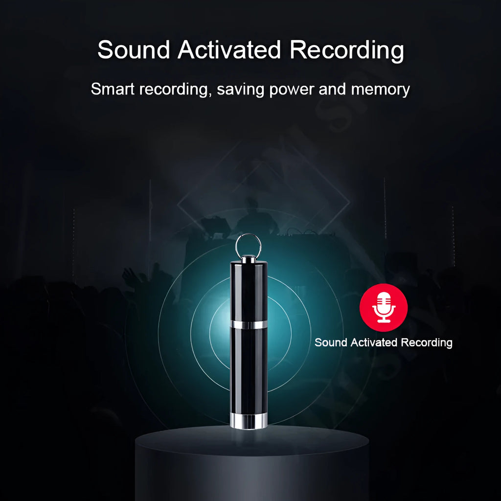 Black Amoi A1 metal voice recorder with included headset on a plain background.