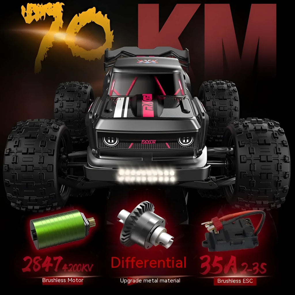 1:16 scale four-wheel drive brushless remote control car toy with metal construction and LED front lights