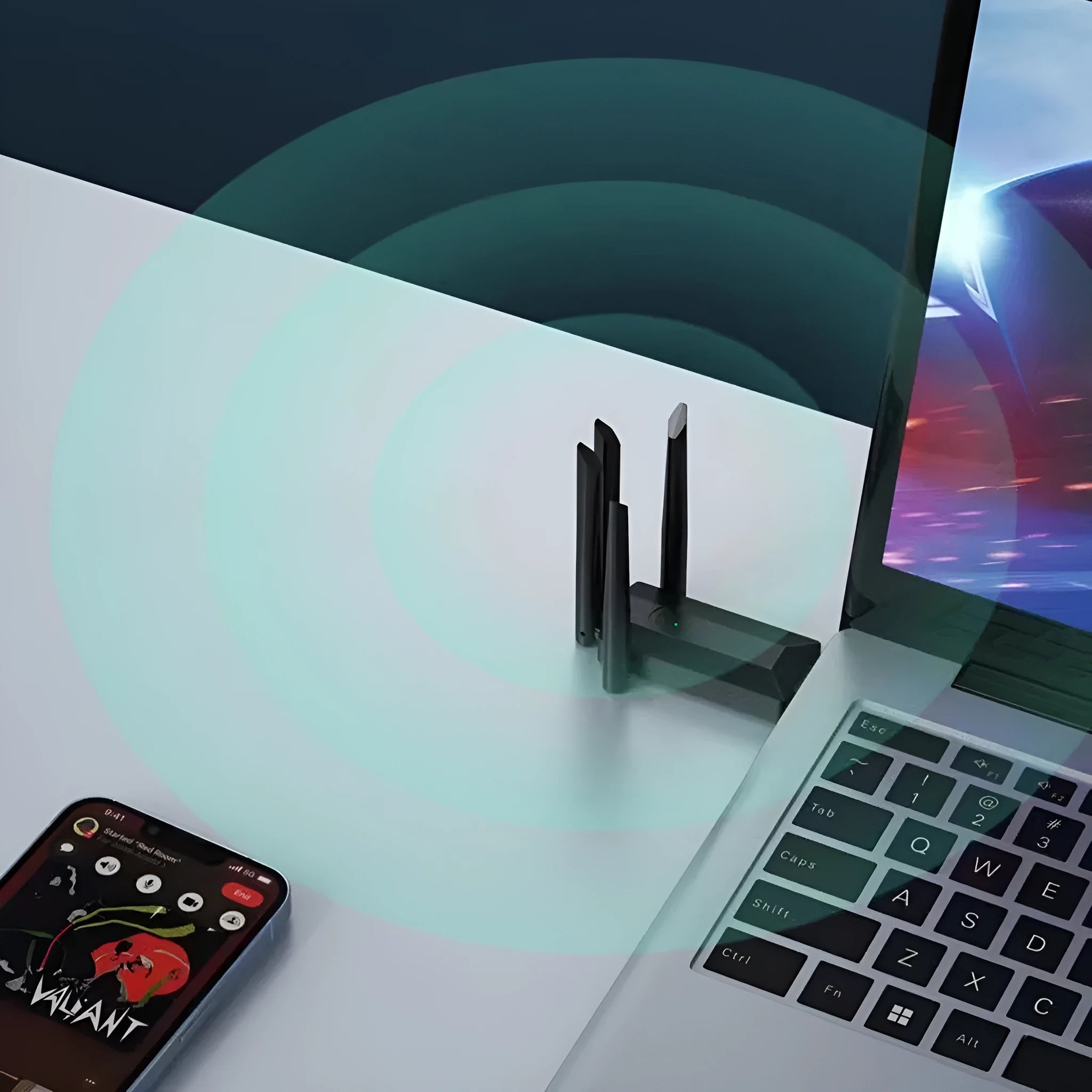 Black USB network transmitter dongle with four extended antennas for computer Wi-Fi connectivity.
