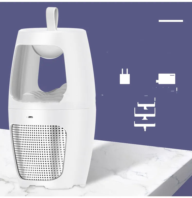 Black and white inhalation mosquito killer lamp with USB cable, dimensions 115x115x227mm