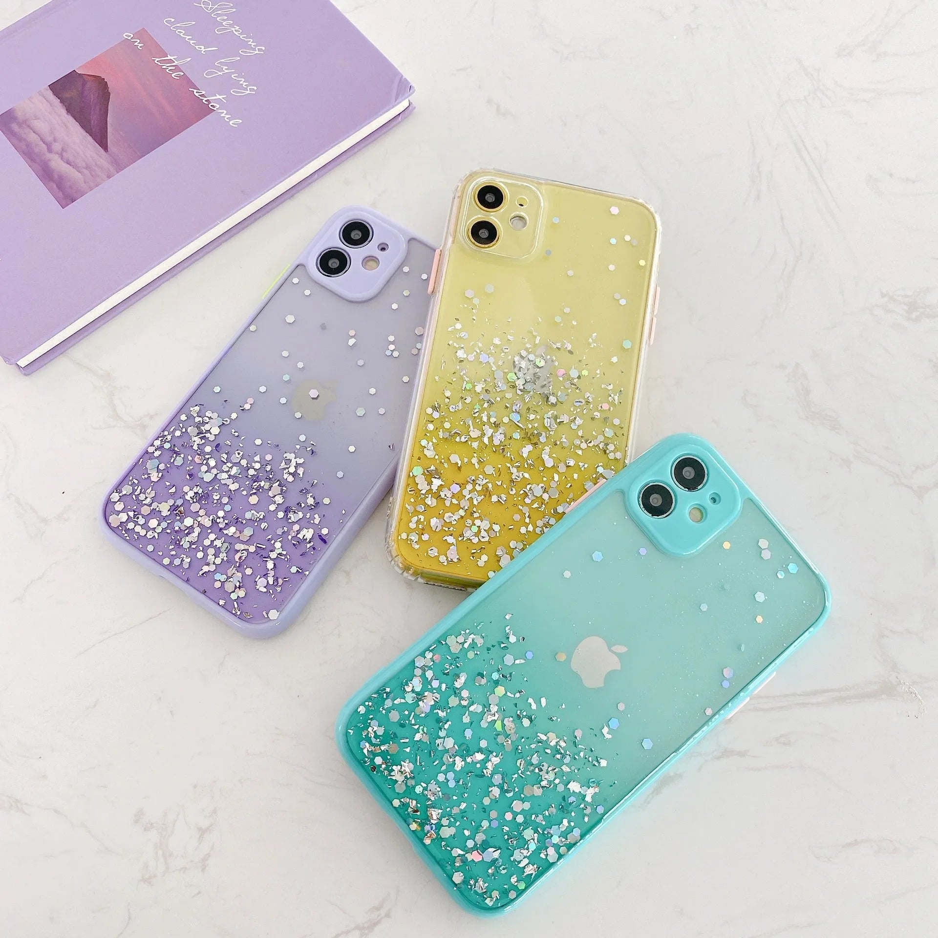 Silicone phone case with gradient epoxy glitter and frosted marble IMD finish for iPhone models