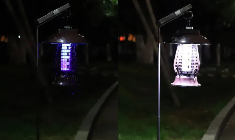 Black solar-powered electronic mosquito lamp with solar panel on top for outdoor garden use.