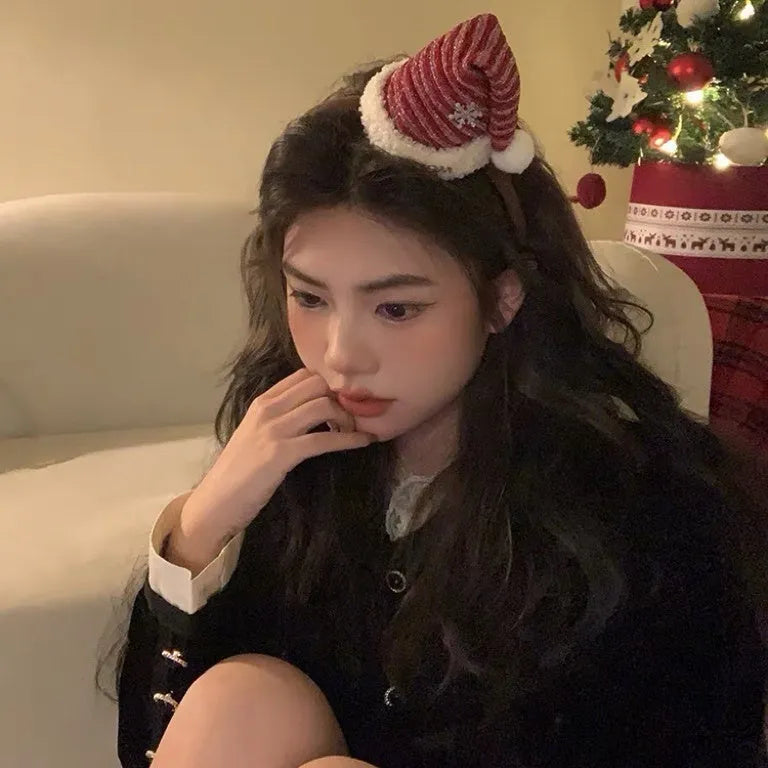 Plush Christmas hat headband for women with jingling bell, handmade festive hair clip in red and assorted styles