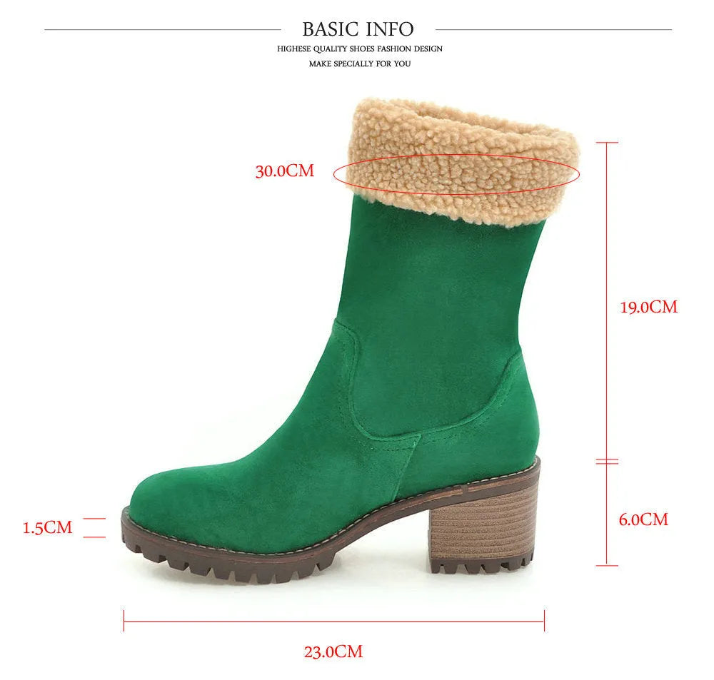 Snow boots with a plush lining and rubber insole in black, grey, green, and orange
