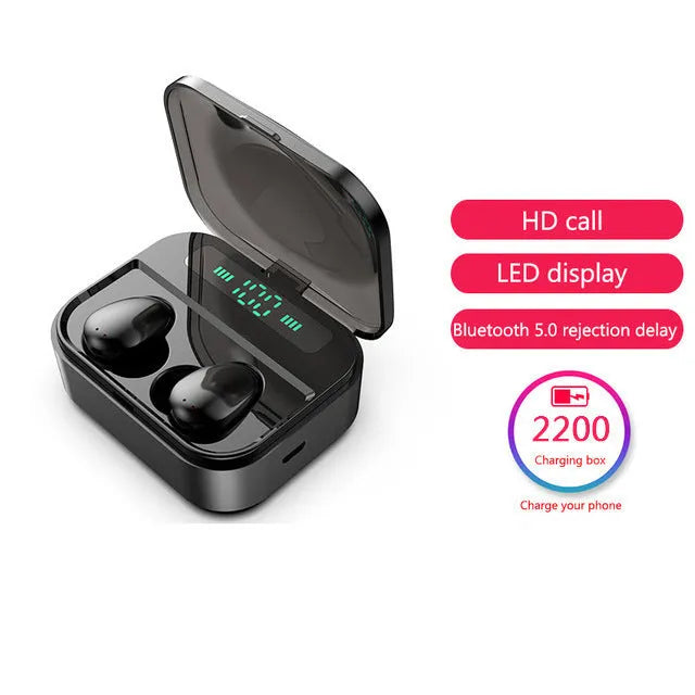 Black and white X7LED Bluetooth sports headphones with charging case showing LED indicators