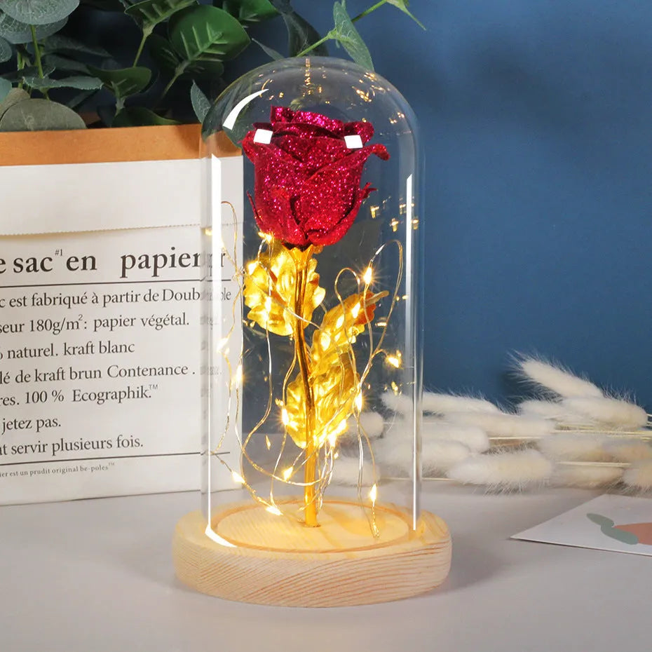 Handmade eternal red rose flower with warm white LED light inside a glass cover