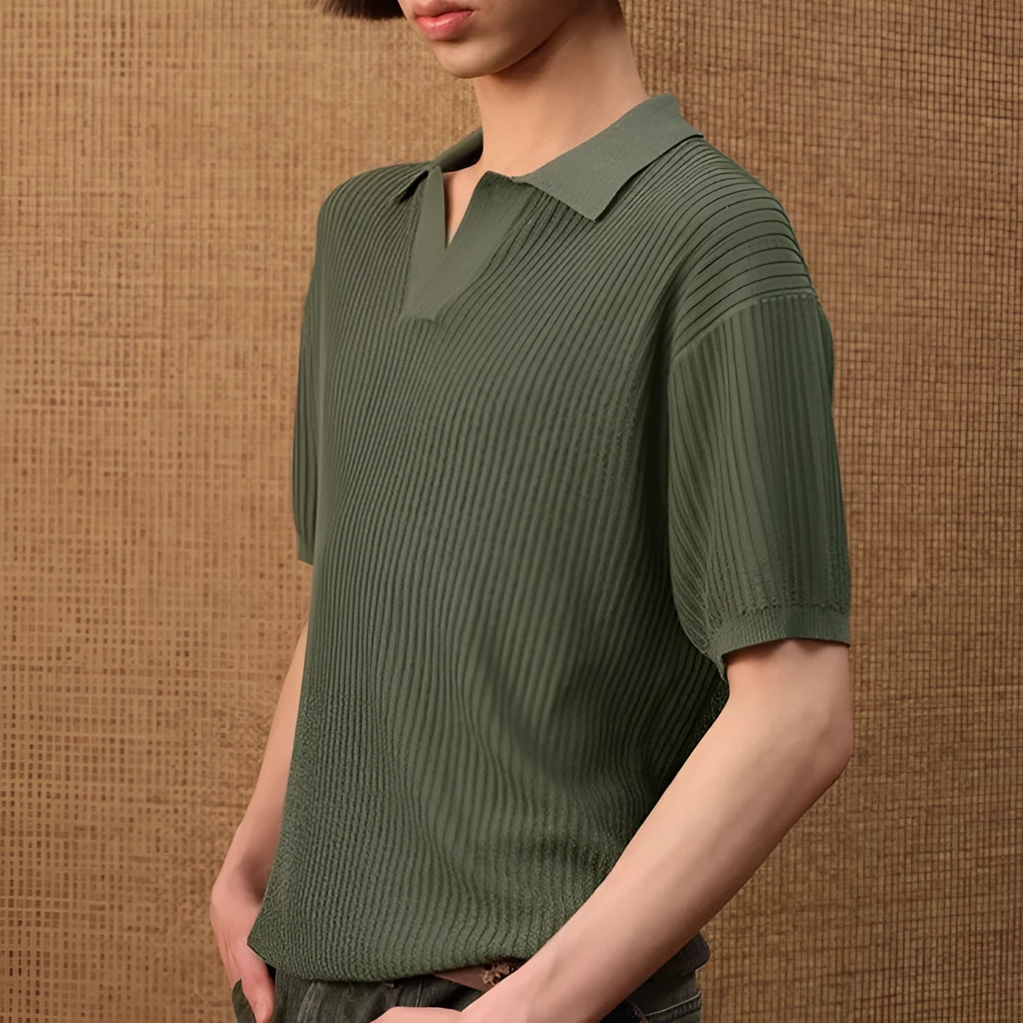 Men's creamy white polo shirt with short sleeves and a loose fit on a hanger.