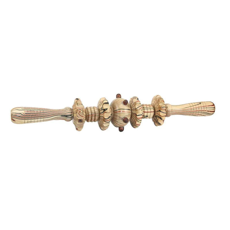 Natural wood massage stick roller approximately 38 cm long on a neutral background