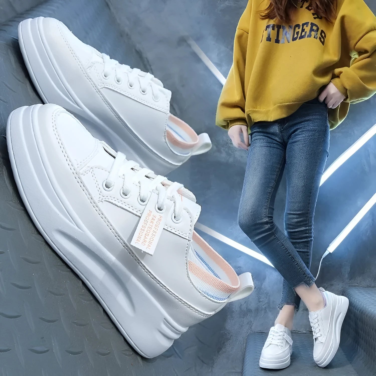 Women's fashion sports high casual shoes with cross straps, round toe, low heel, in light grey