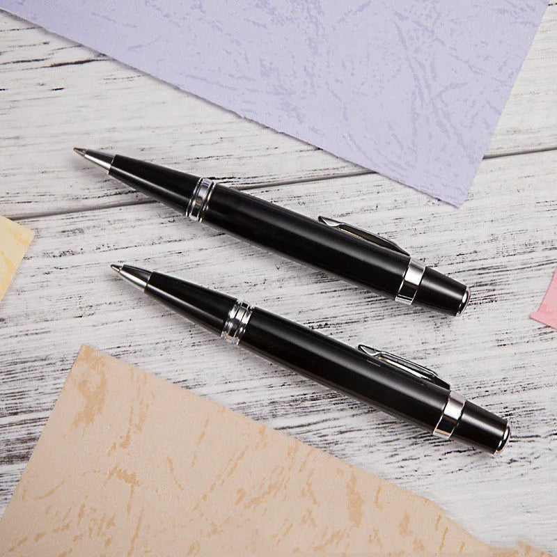 Short black metal ballpoint pen with rotating mechanism and 112mm length
