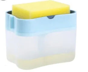 A grey plastic soap dispenser with a pump, sitting on a kitchen countertop.