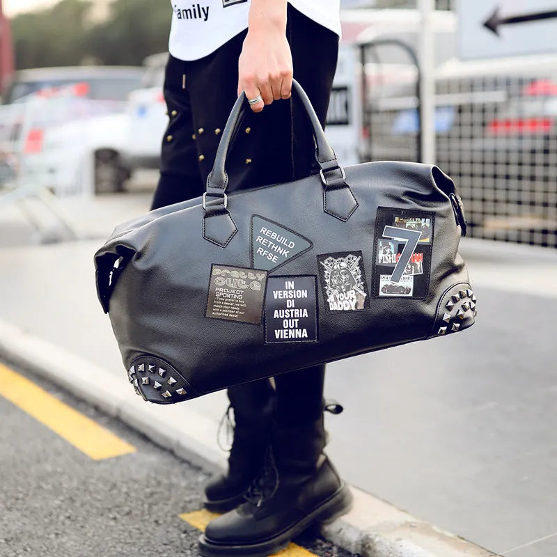 Black thick PU leather gym bag with adjustable shoulder strap fits 14-inch notebook