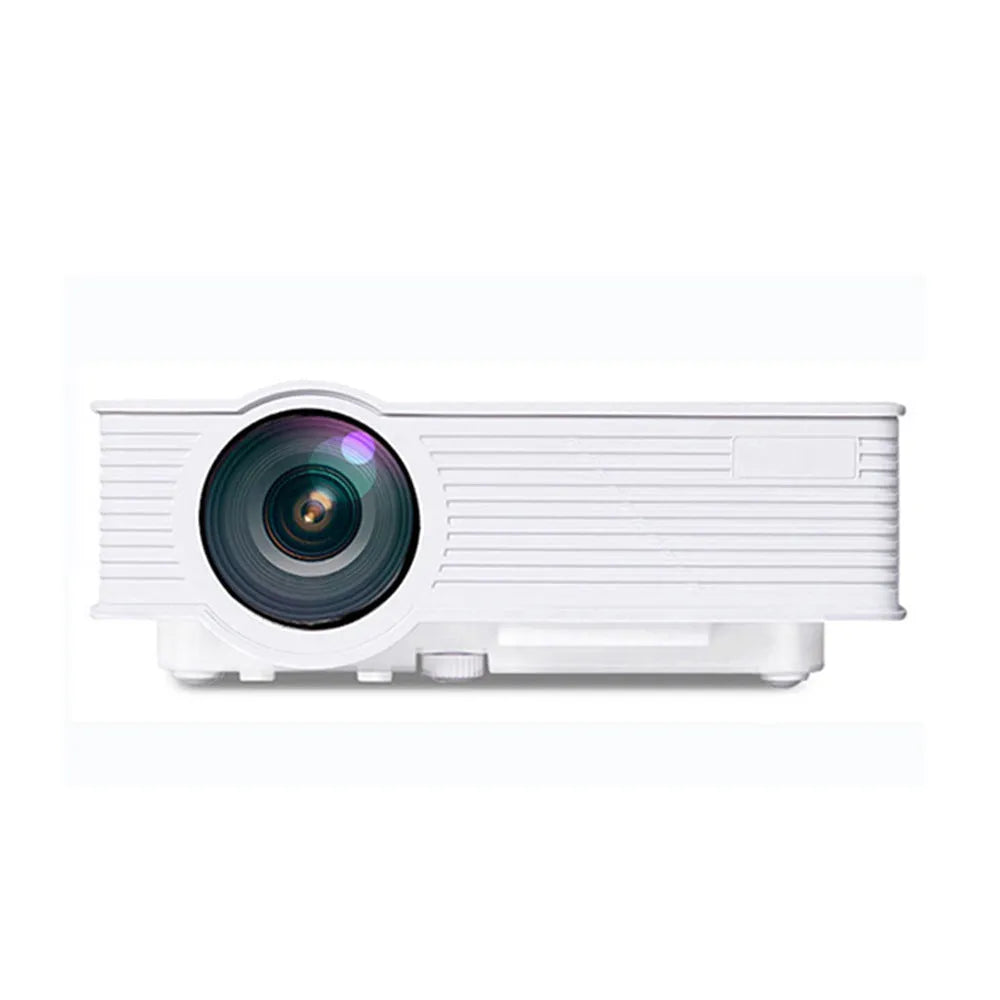 White home projector with LED lens on a table, showing a bright projected image on a wall