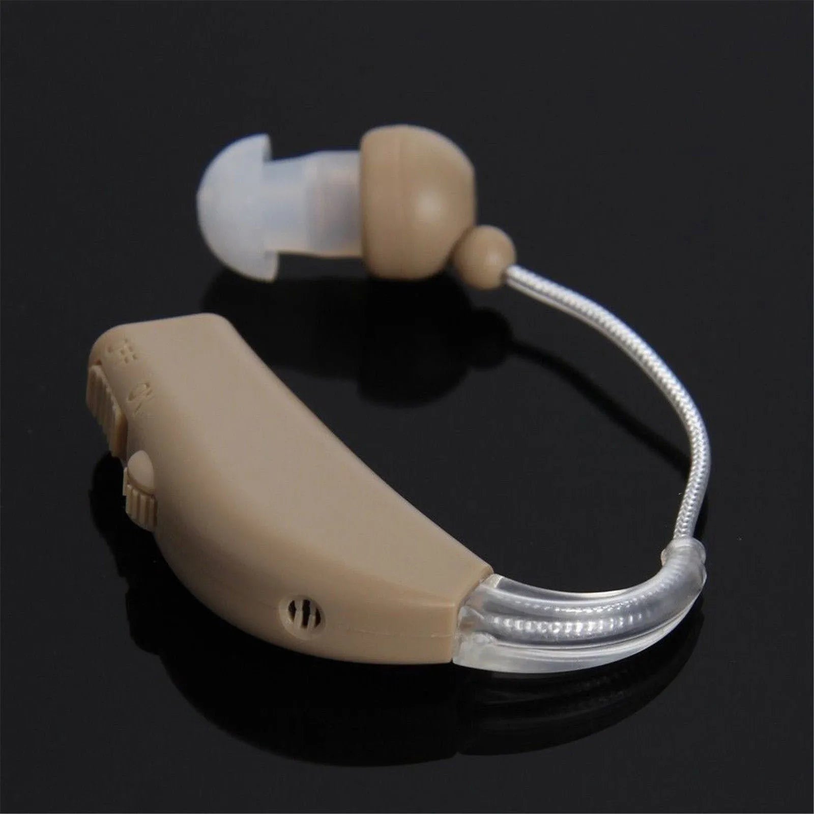 Rechargeable behind-the-ear digital hearing aid amplifier with mini plastic casing and detachable ear plugs.