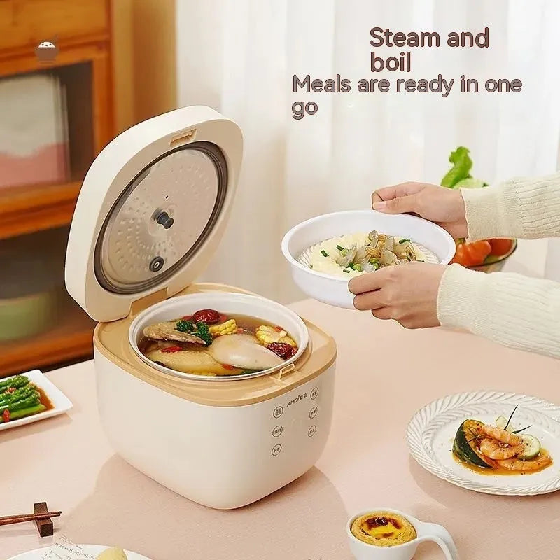 Beige or white 3L rice cooker with black crystal inner pot and six function controls