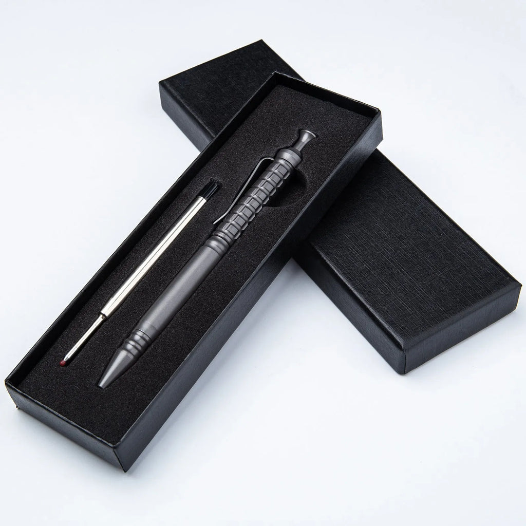 Gunmetal grey titanium alloy tactical push-action pen with 0.5mm nib