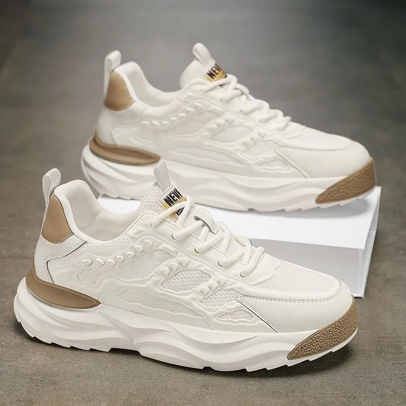 Men's white breathable mesh shoes with round toe design and PU mesh upper