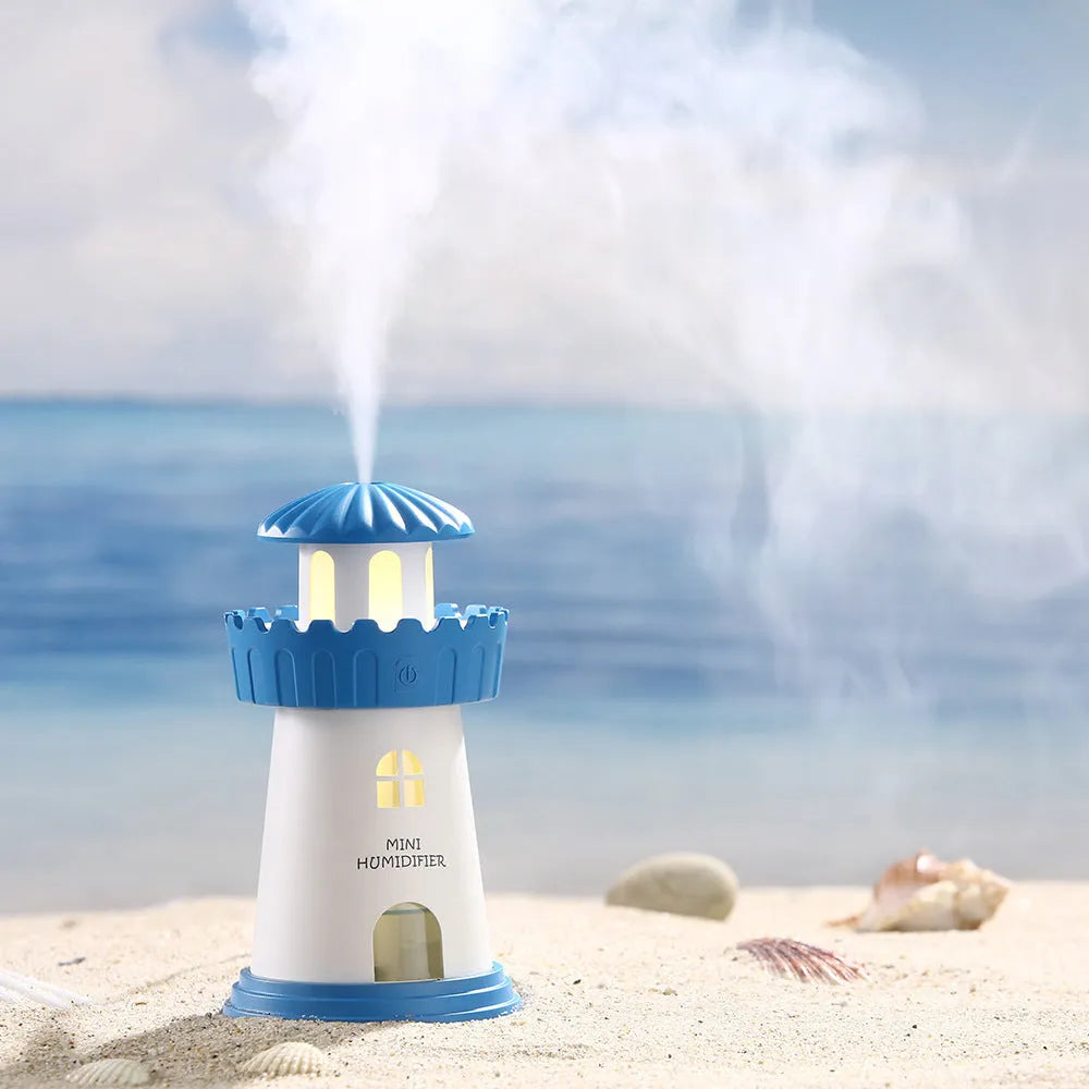 Mini lighthouse humidifier in green, USB ultrasonic design for desk use with night light