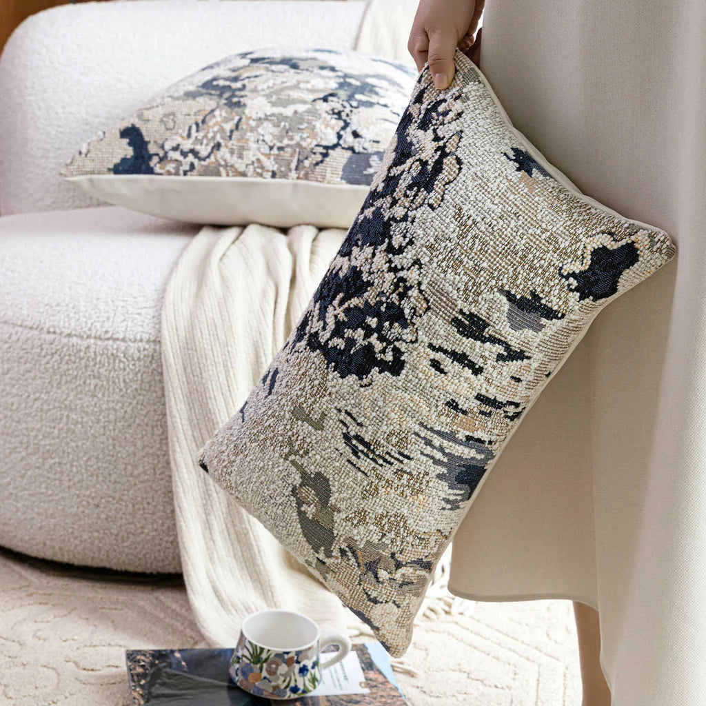 Antique blue wool blend decorative cushion with abstract flower and plant pattern, shown in square and rectangular sizes.