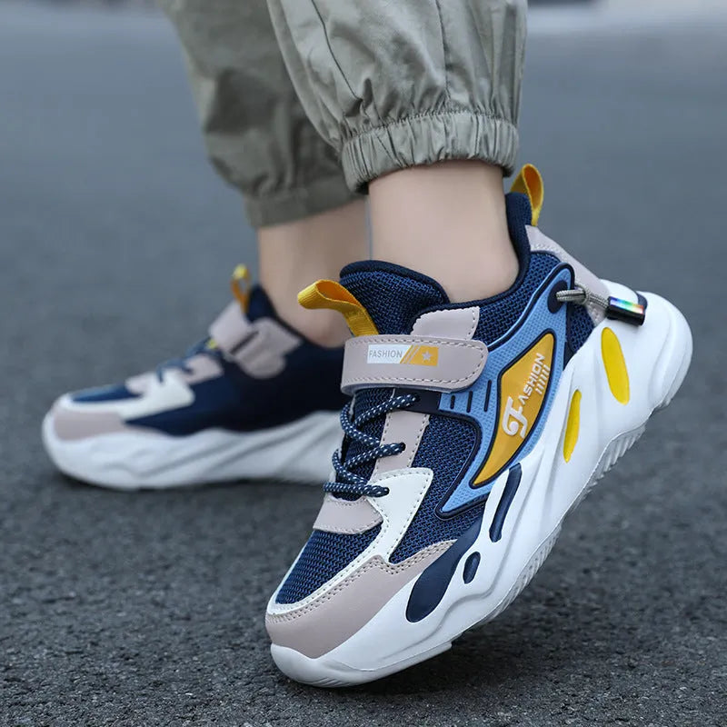 Boys' blue and black sports running shoes with velcro fastening and platform sole