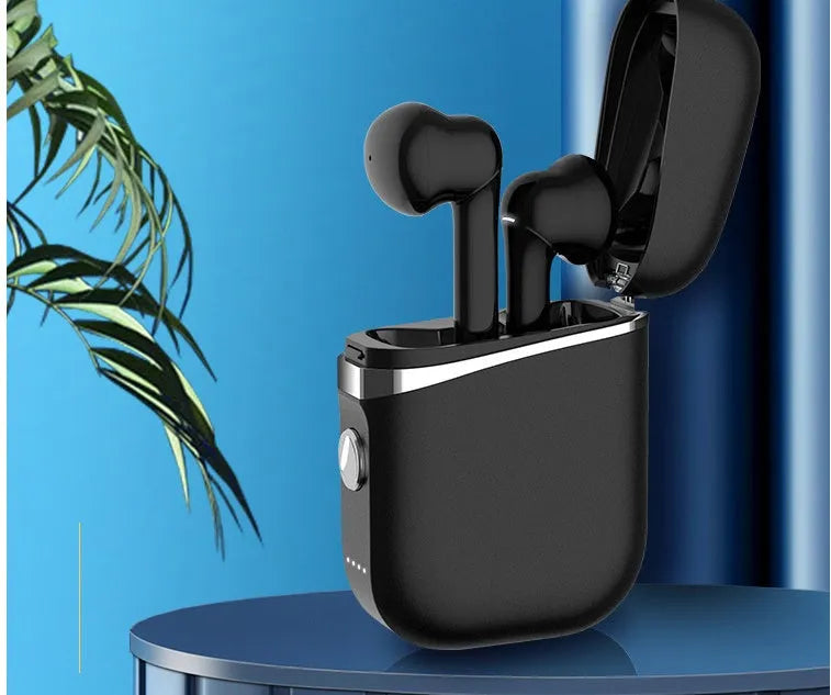 Black TWS wireless Bluetooth sports headset with Bluetooth 5.0, 10 metre range, stereo earplug design and battery display