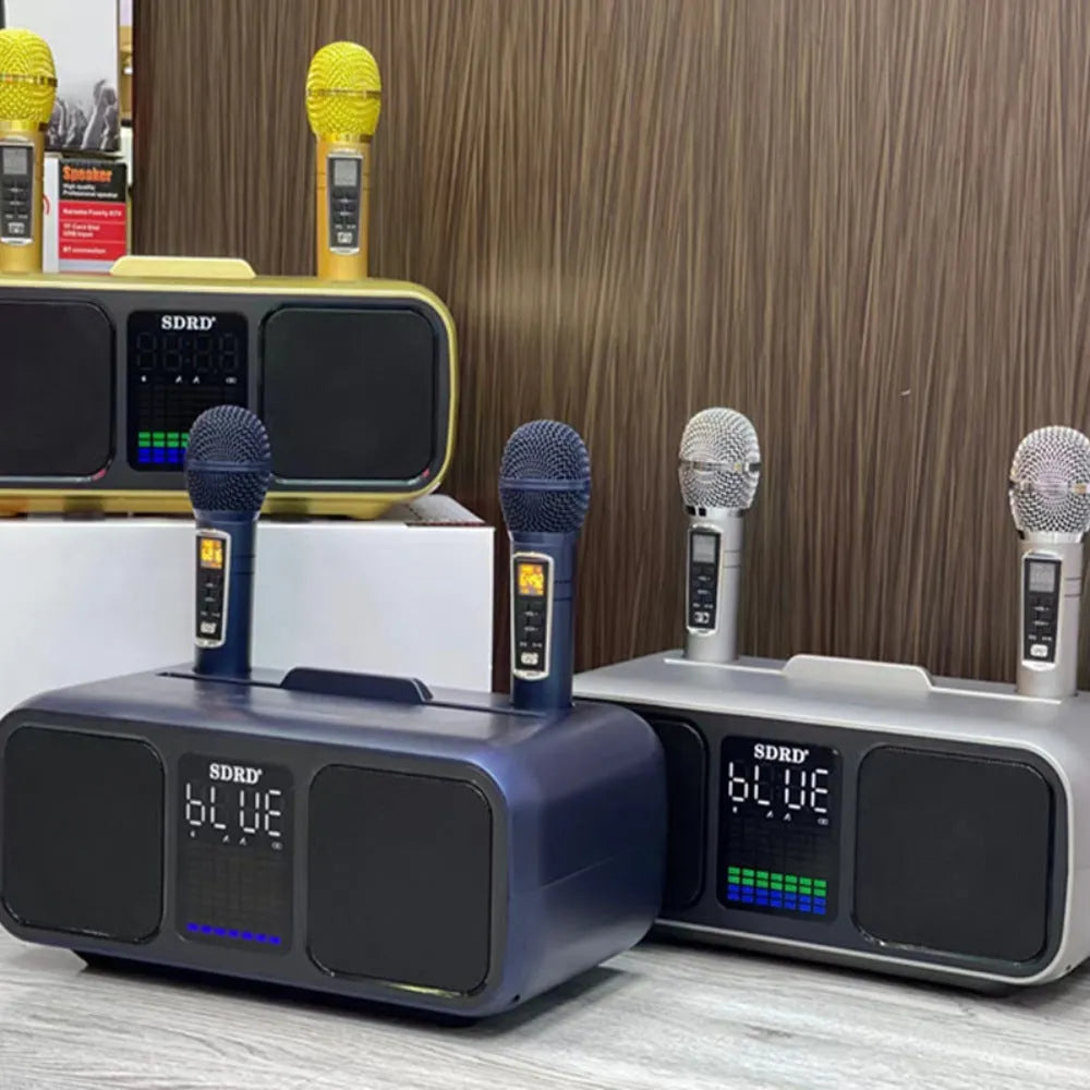 SD318 desktop Bluetooth speaker in grey with two wireless microphones USB powered 15W