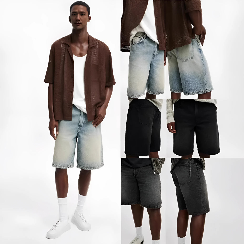 Men's light blue straight leg jeans with loose fit cotton denim construction
