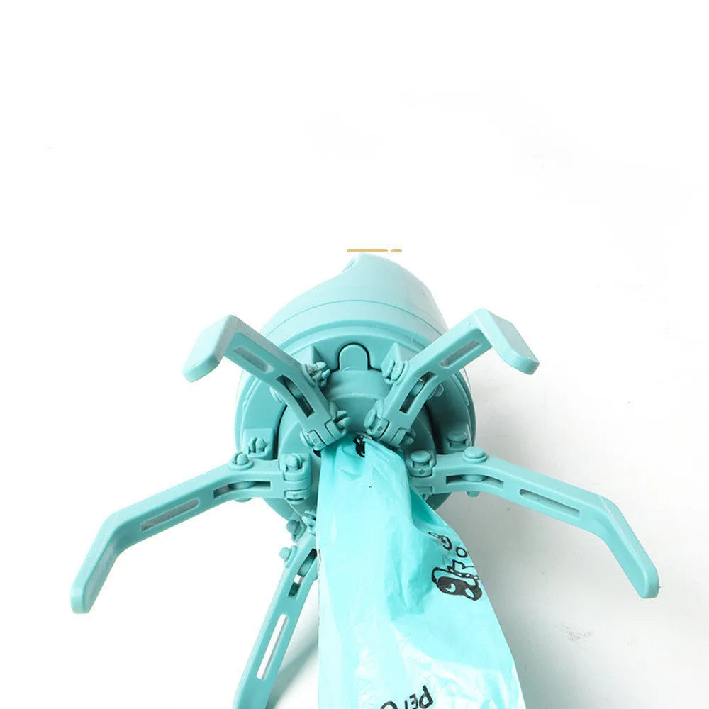 Blue portable dog pooper scooper with eight-claw mechanism and built-in bag dispenser