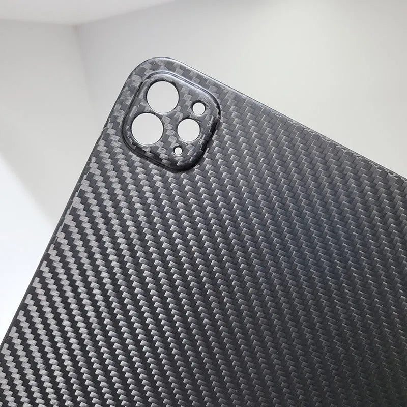 Carbon fibre iPad Pro 11 case with embossed plaid pattern in matte 3K finish