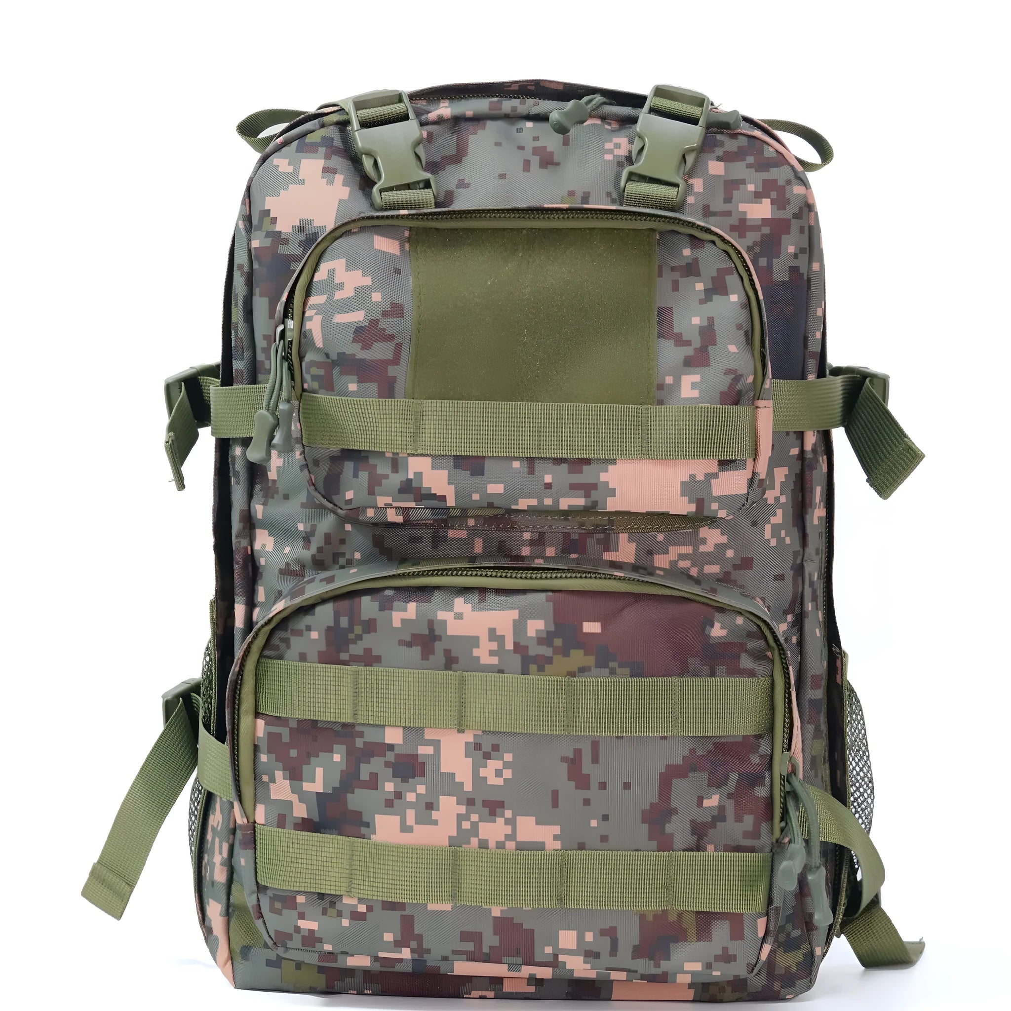 Camouflage pattern outdoor waterproof rucksack with air pillow belt system showing 30x15x46 cm dimensions
