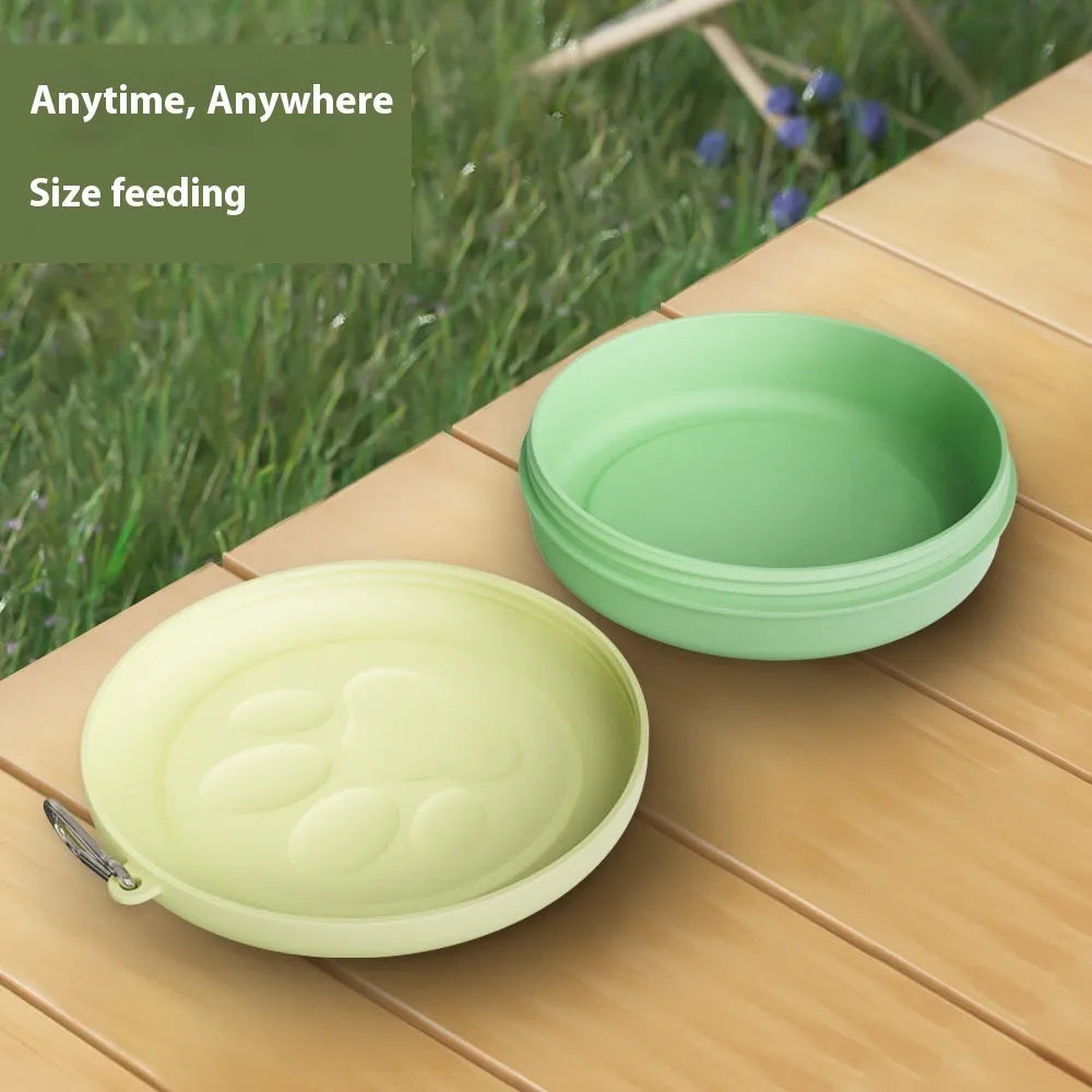 Collapsible silicone dog bowl shown in a light green colour, folded flat and unfolded ready for use.