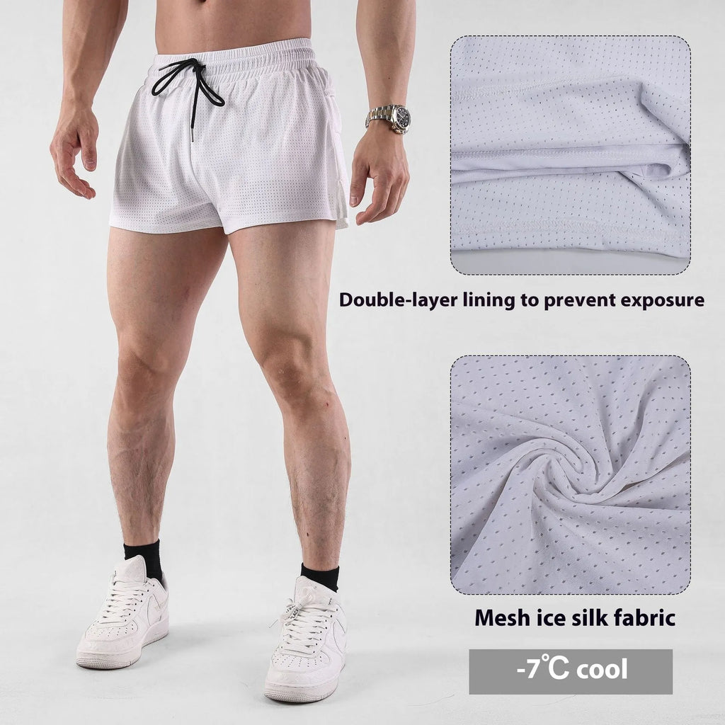 A pair of men's nylon summer shorts in black, showing the mid-waist design and short length for sports.