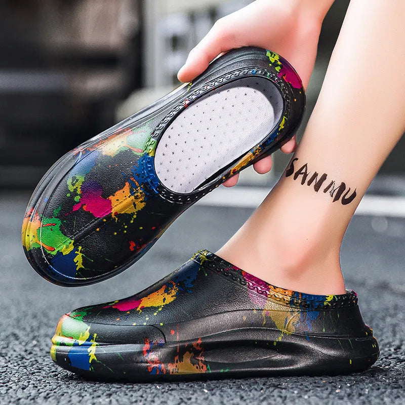 Men's black waterproof EVA work slippers with a slip-on toe cap design on a grey background.