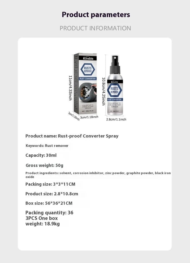 30ml anti rust conversion agent spray bottle for automobile hubs with zinc powder and corrosion inhibitor formula