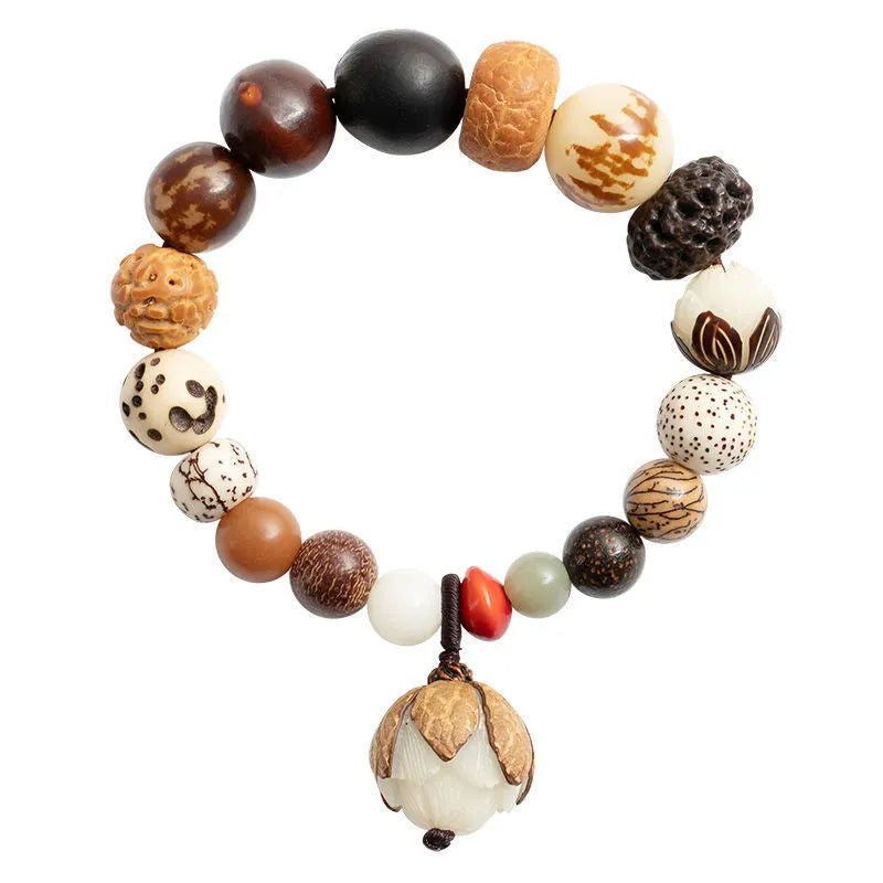Handcrafted 18-seed Bodhi bead bracelet with geometric design on 16cm wrist