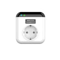White smart socket with EU plug showing voice control and thermostatic timer functions