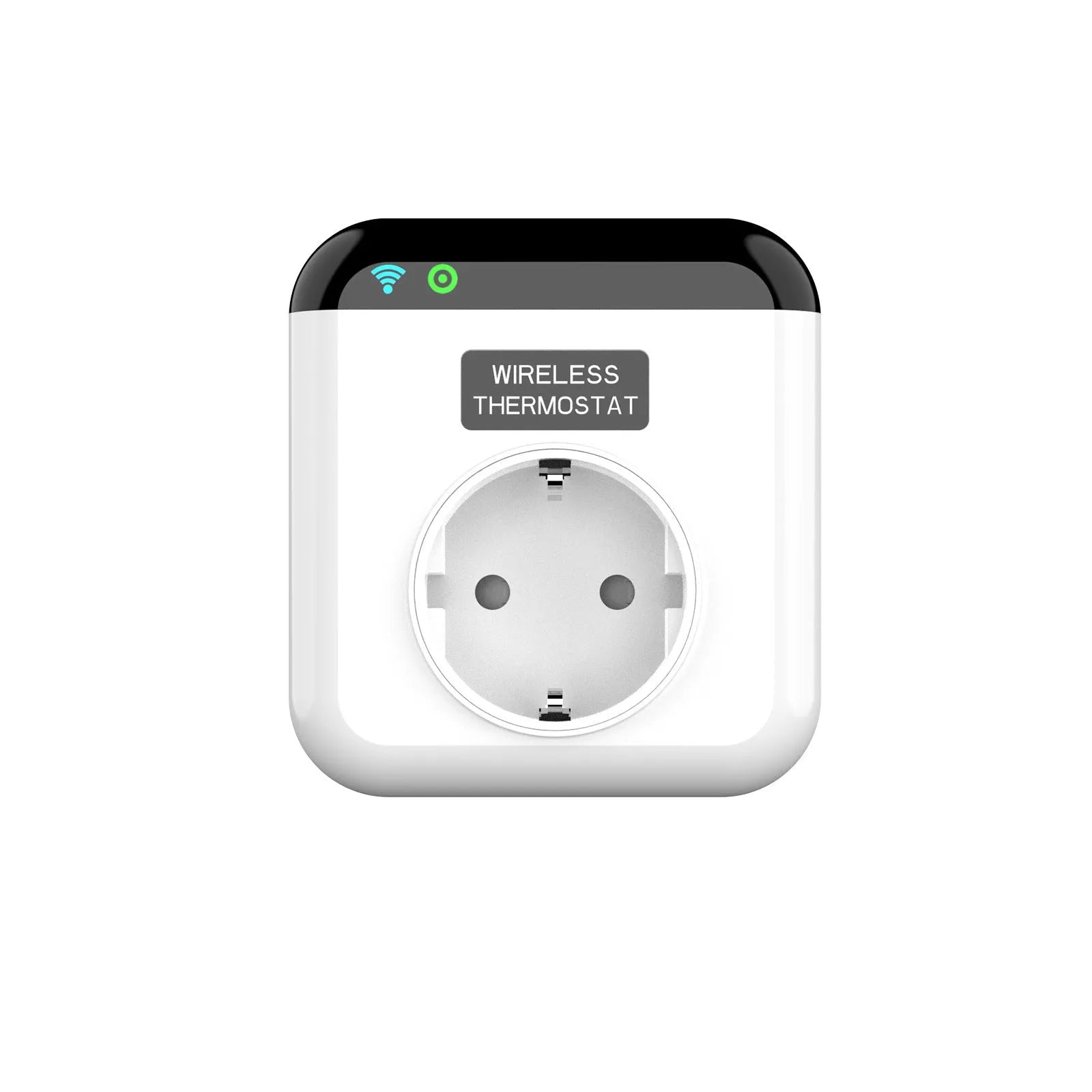 White smart socket with EU plug showing voice control and thermostatic timer functions