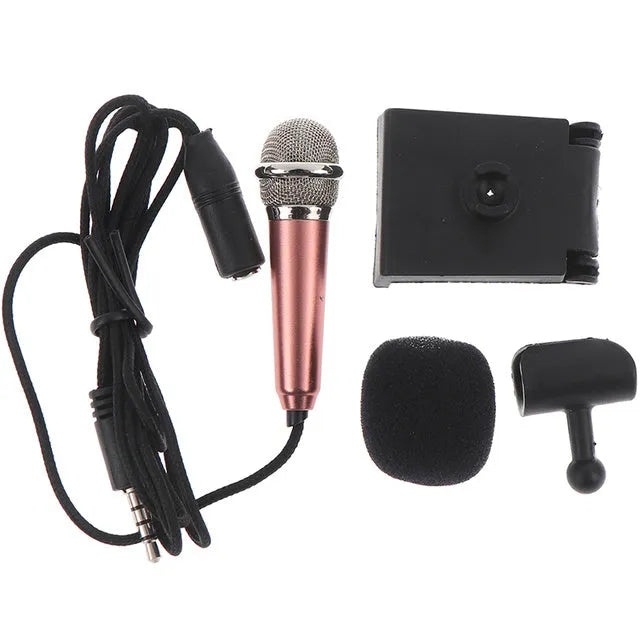 Portable 3.5mm mini studio microphone in rose gold with sponge head and stand for karaoke