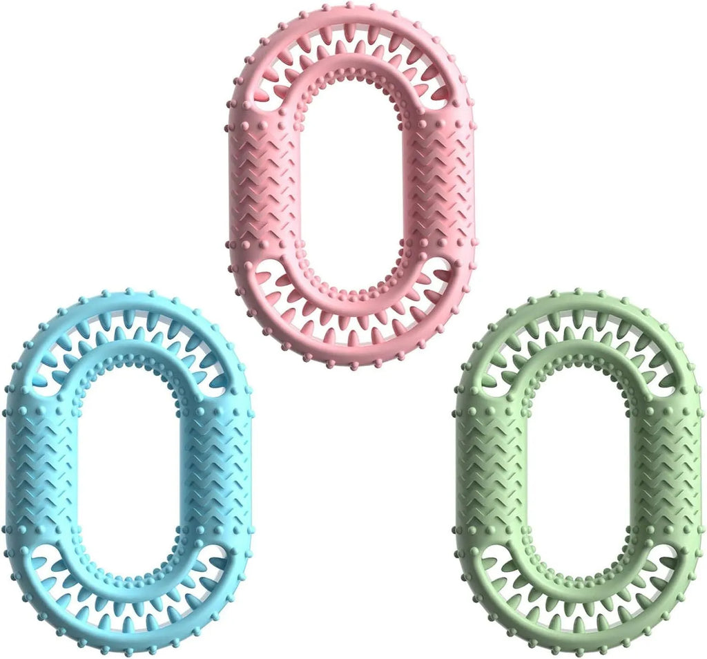 Blue O-ring shaped durable dog chew toy for aggressive chewers on a plain background.
