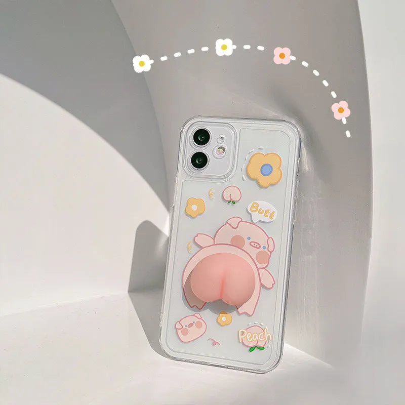 iPhone silicone case with 3D cartoon pig butt design on transparent TPU back