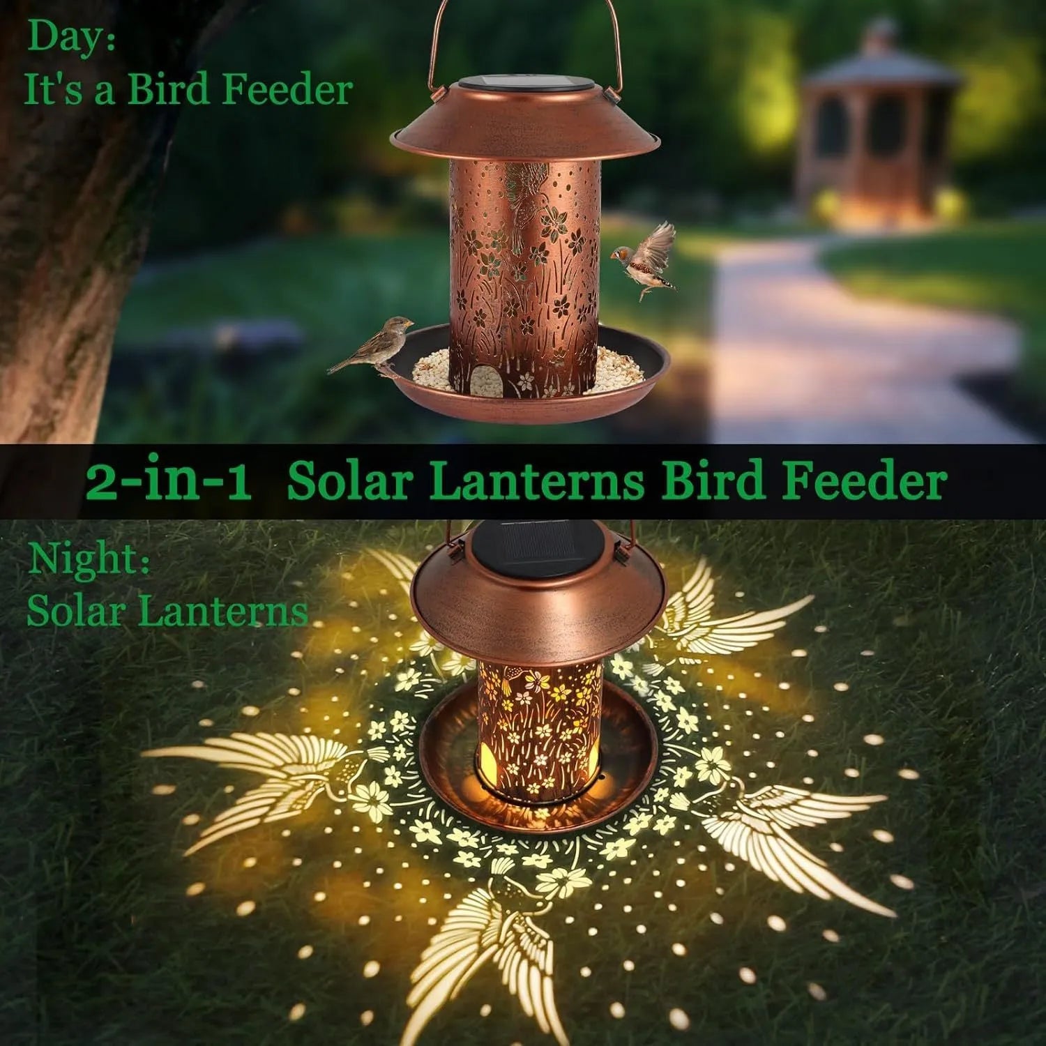 Iron art solar-powered bird feeder lamp with hummingbird pattern design for outdoor gardens.