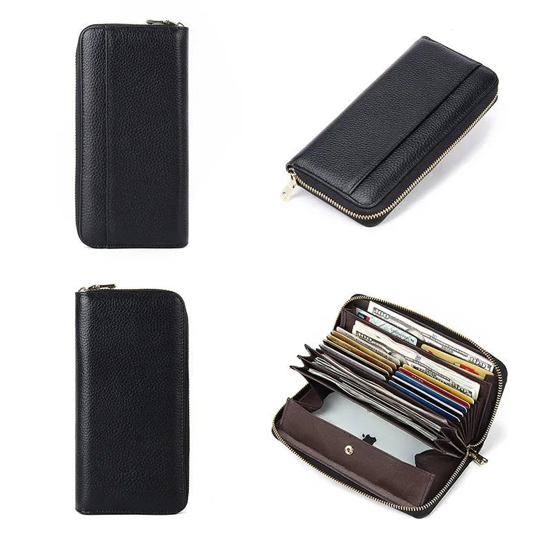 Women's long genuine leather wallet in six colour options showing storage compartments