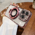 Clear silicone iPhone case with magnetic bracket and electroplated rhinestone detailing in pink colour