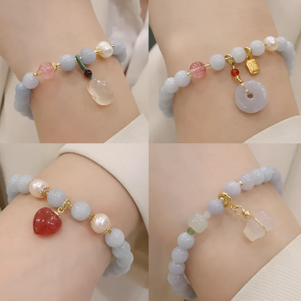Women's aquamarine artificial crystal bracelet with gold-plated chalcedony pendant in floral design