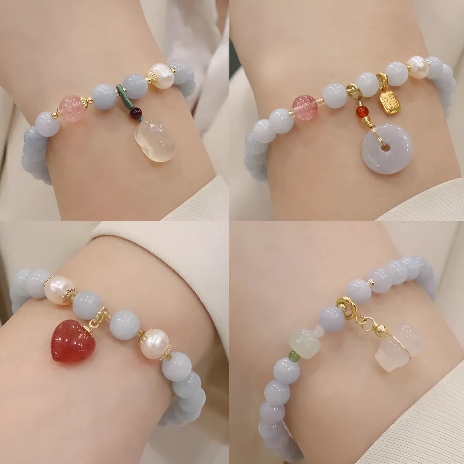 Women's aquamarine artificial crystal bracelet with gold-plated chalcedony pendant in floral design