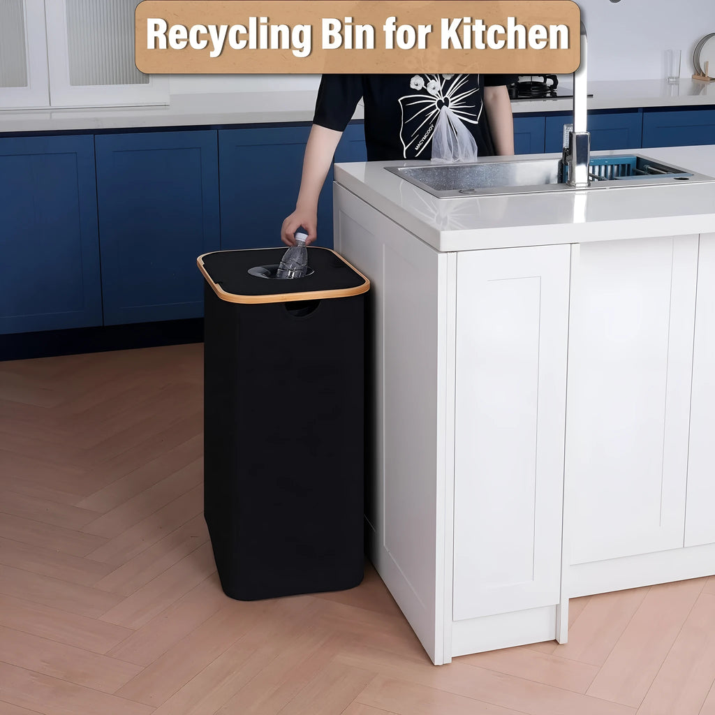 Black bamboo storage basket with removable lid showing ventilation holes and inner bottle compartment